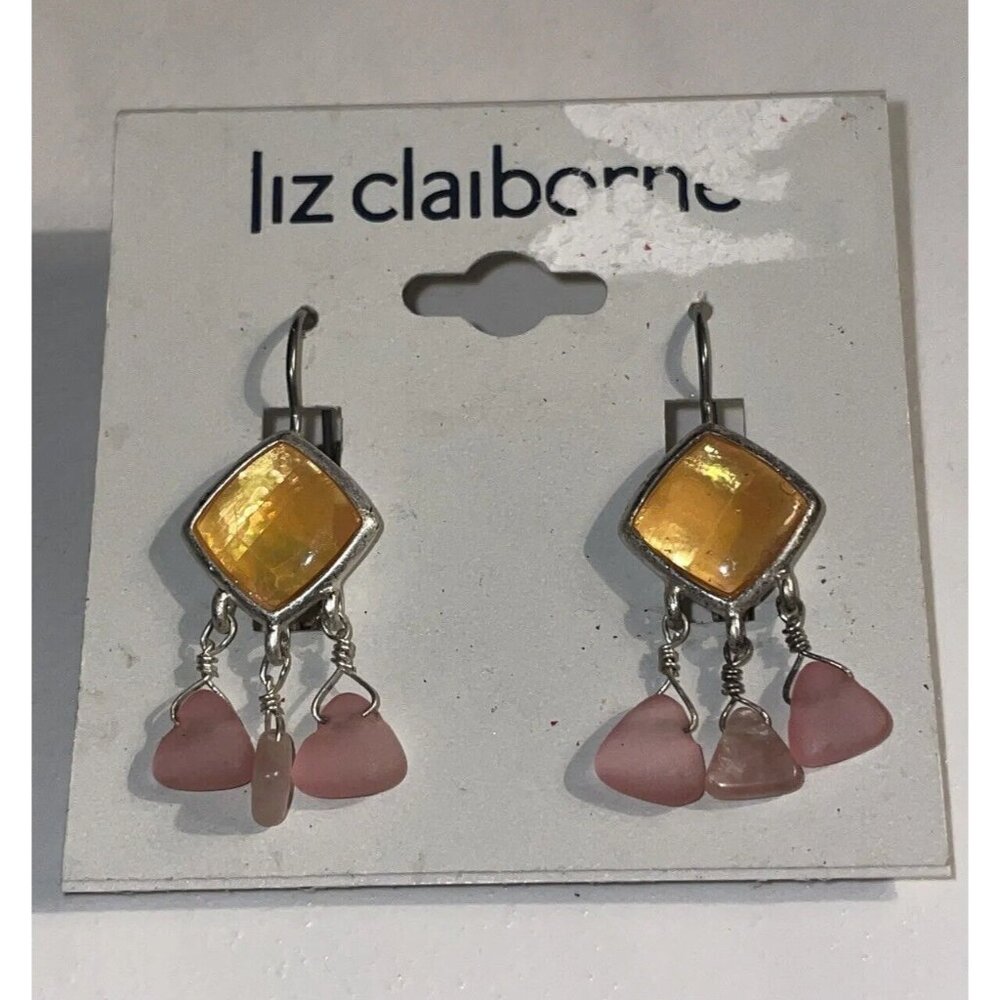 NOS Vintage‎ LC Liz Claiborne Hook Earrings Orange Pink Dangle Pierced A72